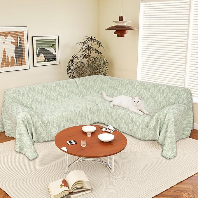 1OO% Waterproof Sectional Couch Covers for Dogs L Shaped Corner Sofa Cover Washable Chenille Sofa Slipcovers Blanket Modern Jacquard Pet Furniture Protector (91"x252", Green Wave)