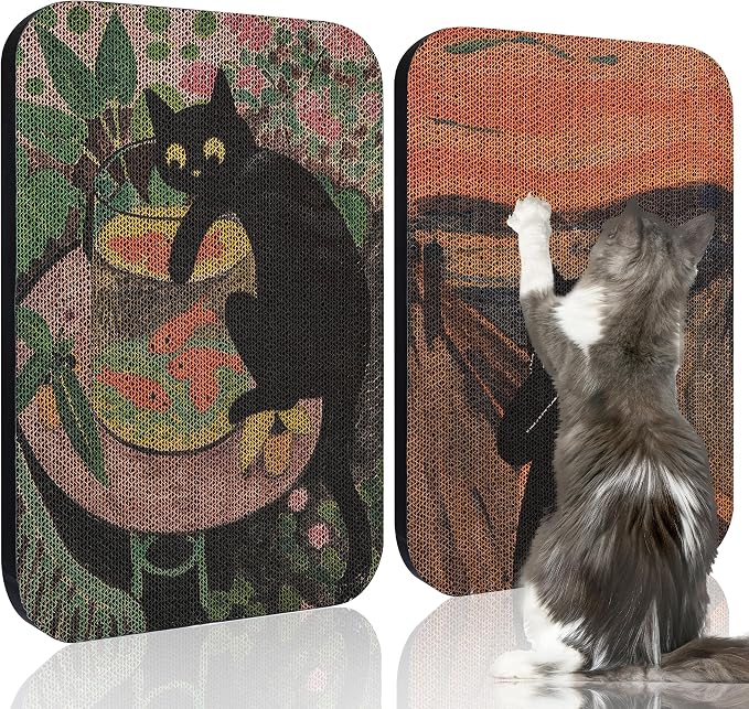2 Pack Cat Wall Scratcher, Art Cat Scratching Board for Cats | Wall Mounted Cat Scratch Pad, Water-Based Ink, Hook&Loop Strips, Floor or Wall Use, 16.7x11x1 Inch, Goldfish & Scream