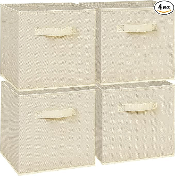 11 Inch Fabric Storage Cubes, Sturdy Foldable Storage Bins, Heavy Duty Cube Organizer for Clothes, Blankets, Shelves, Closets, Bedroom, Living Room, Beige, 4 Pack