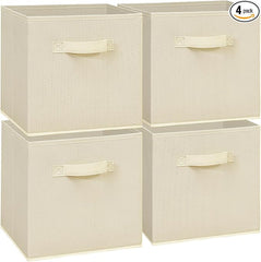 11 Inch Fabric Storage Cubes, Sturdy Foldable Storage Bins, Heavy Duty Cube Organizer for Clothes, Blankets, Shelves, Closets, Bedroom, Living Room, Beige, 4 Pack