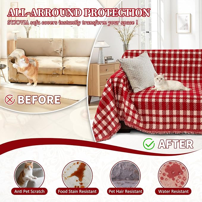 1OO% Waterproof Sectional Couch Covers for Dogs L Shaped Corner Sofa Cover Washable Chenille Sofa Slipcovers Blanket Modern Jacquard Pet Furniture Protector (91"x276", Red Checkered)