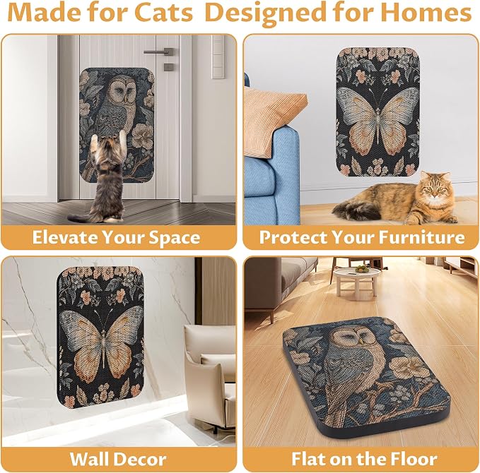 2 Pack Cat Wall Scratcher, Art Cat Scratching Board for Cats | Wall Mounted Cat Scratch Pad, Water-Based Ink, Hook&Loop Strips, Floor or Wall Use, 16.7x11x1 Inch, Owl & Butterfly