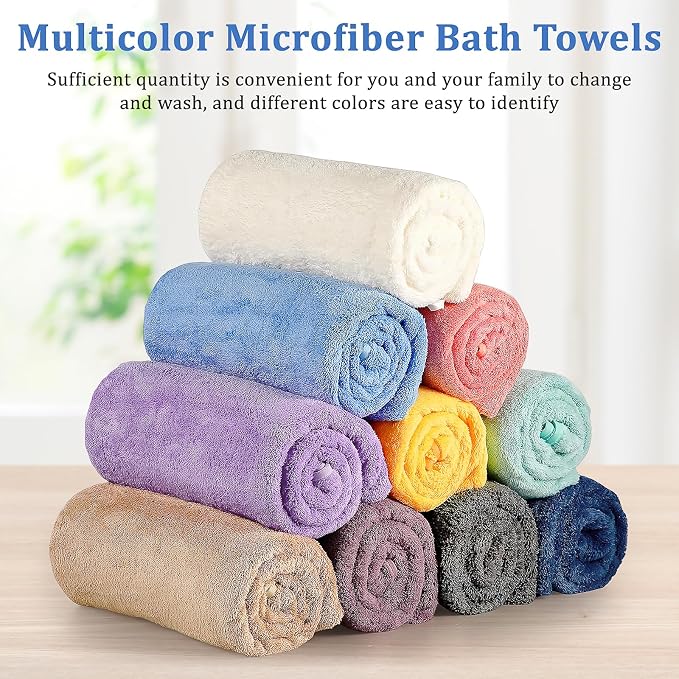 10 Pack Bath Towels Set, Soft Microfiber Towel 27.5 x 55 Inches | Lightweight, Quick Dry, Highly Absorbent Towels for Bathroom, Shower & Beach(Multicolor)