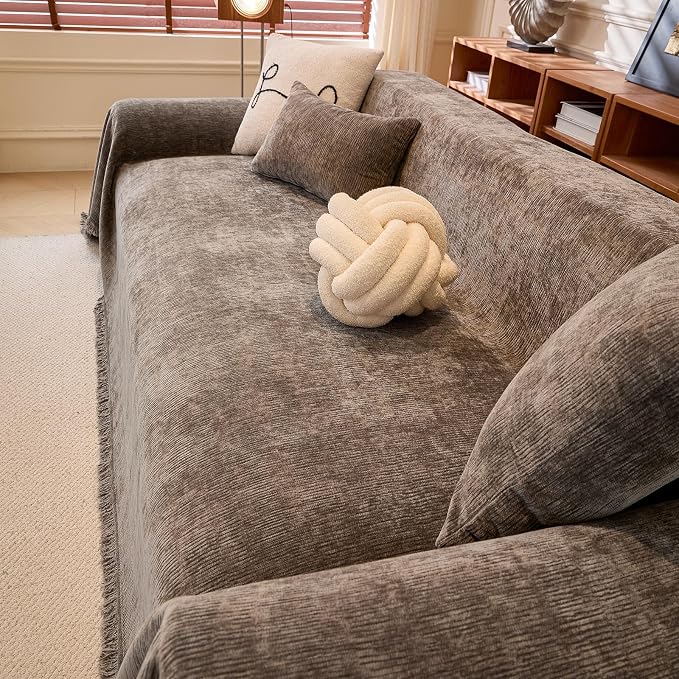 1-Piece Dark Grey Sofa Cover Heavy Thick Chenille Couch Covers | X-Large Non Slip Washable Slipcover for Sectional Sofa, Pet Friendly Furniture Protector for Pet Dogs Cats Scratch, 71"x134"