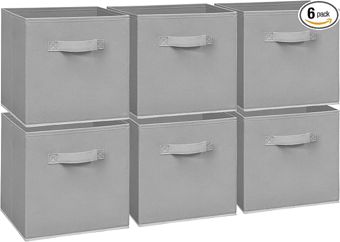 11 Inch Fabric Storage Cubes, Sturdy Foldable Storage Bins, Heavy Duty Cube Organizer for Clothes, Blankets, Shelves, Closets, Bedroom, Living Room, Gray, 6 Pack