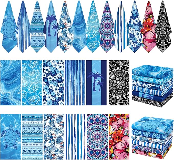 12 Pack Microfiber Beach Towel Set, 32x71 Oversized Extra Large Swim Pool Towel, Soft Fiber Beach Towels Set for Summer Travel, Spa, Swim Pool Accessories, Vacation Essential Gift (Blue and Floral Pac