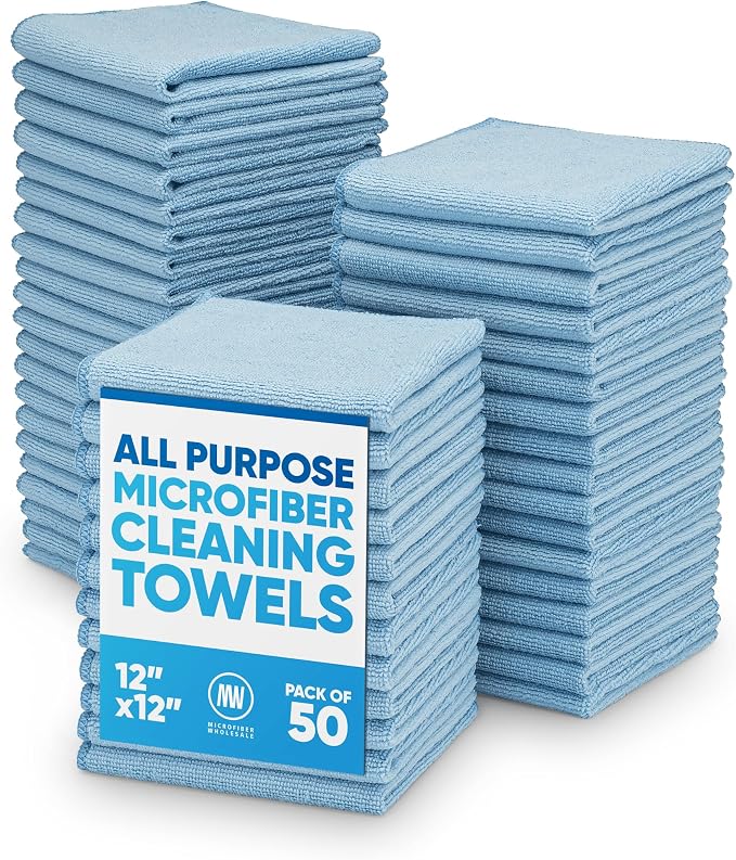 12" x 12" Microfiber Cleaning Cloths (50 Pack) - Reusable Towels, Wash Rags, Dust Cloth, All-Purpose: Kitchen, Dish, Cars, Shop, Glass (Blue)