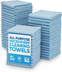 12" x 12" Microfiber Cleaning Cloths (50 Pack) - Reusable Towels, Wash Rags, Dust Cloth, All-Purpose: Kitchen, Dish, Cars, Shop, Glass (Blue)