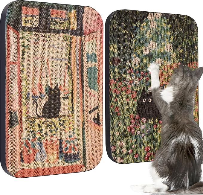 2 Pack Cat Wall Scratcher, Art Cat Scratching Board for Cats | Wall Mounted Cat Scratch Pad, Water-Based Ink, Hook&Loop Strips, Floor or Wall Use, 16.7x11x1 Inch, Window & Garden