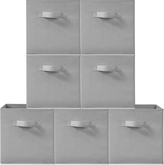11 Inch Fabric Storage Cubes, Sturdy Foldable Storage Bins, Heavy Duty Cube Organizer for Clothes, Blankets, Shelves, Closets, Bedroom, Living Room, Gray, 7 Pack