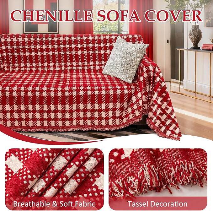 1OO% Waterproof Sectional Couch Covers for Dogs L Shaped Corner Sofa Cover Washable Chenille Sofa Slipcovers Blanket Modern Jacquard Pet Furniture Protector (91"x252", Red Checkered)