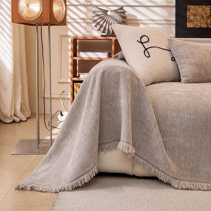 1-Piece Light Grey Sofa Cover Heavy Thick Chenille Couch Covers | X-Large Non Slip Washable Slipcover for Sectional Sofa, Pet Friendly Furniture Protector for Pet Dogs Cats Scratch, 71"x134"