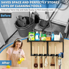 27" Mop and Broom Holder Wall Mount with Top Storage Shelf & Hooks,Black | Mop Hanger Wall Mount, 5 Grippers, 5 Hooks, Wall Organizer For Laundry Room, Garage And Kitchen