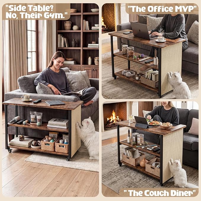 2-in-1 Cat Scratch Couch Side Table with Wheels,Couch Protector from Cat Claws,Sofa Narrow End Table with Natural Sisal Cat Scratch Panel for Living Room (Rustic Brown, Left)