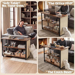 2-in-1 Cat Scratch Couch Side Table with Wheels,Couch Protector from Cat Claws,Sofa Narrow End Table with Natural Sisal Cat Scratch Panel for Living Room (Rustic Brown, Right)