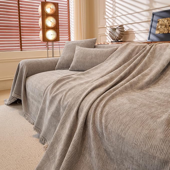 1-Piece Light Grey Sofa Cover Heavy Thick Chenille Couch Covers | X-Large Non Slip Washable Slipcover for Sectional Sofa, Pet Friendly Furniture Protector for Pet Dogs Cats Scratch, 71"x134"