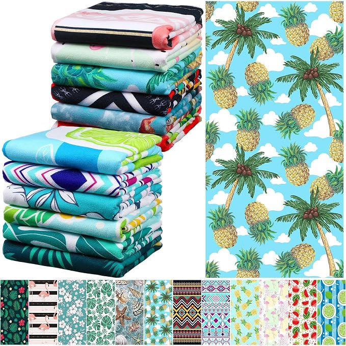 12 Pcs Oversized Microfiber Beach Towels Set 30 x 60 Extra Large Fiber Swim Pool Towel Absorbent Bath Blanket for Travel Vacation Accessories Gift Spa Soft Lightweight(Hawaii)