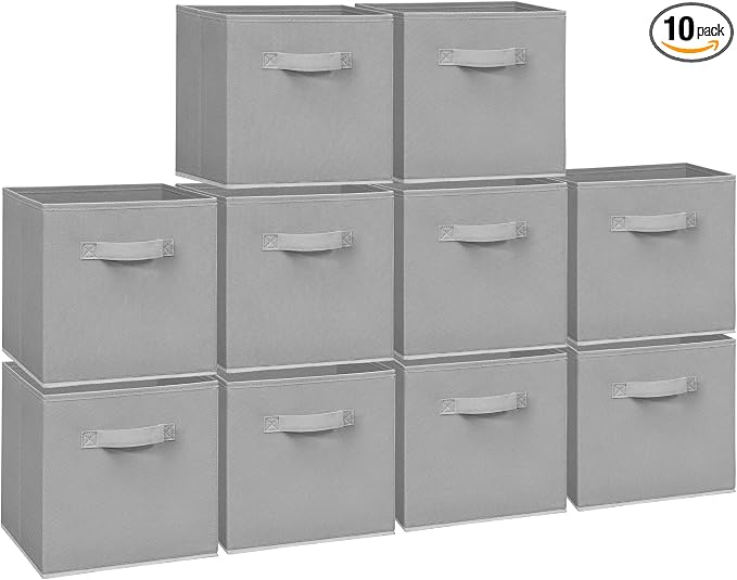 11 Inch Fabric Storage Cubes, Sturdy Foldable Storage Bins, Heavy Duty Cube Organizer for Clothes, Blankets, Shelves, Closets, Bedroom, Living Room, Gray, 10 Pack
