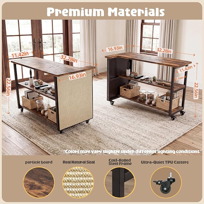 2-in-1 Cat Scratch Couch Side Table with Wheels,Couch Protector from Cat Claws,Sofa Narrow End Table with Natural Sisal Cat Scratch Panel for Living Room (Rustic Brown, Left)