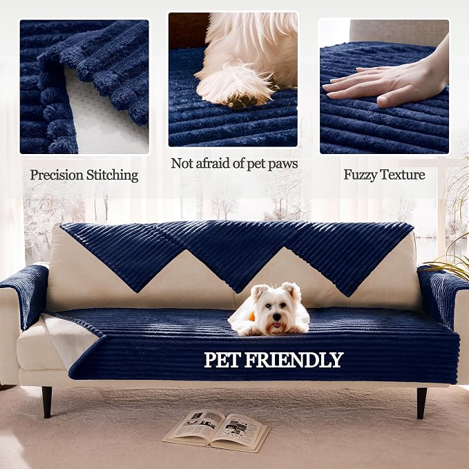 100% Waterproof Couch Arm Covers 2pcs, Fuzzy Chair Arm Covers Thick Soft Recliner Chair Armrest Protectors, Non-Slip Couch Armrest Cover Pet mats for Sofa (Navy Blue, 22" x 22" 2 Pack)