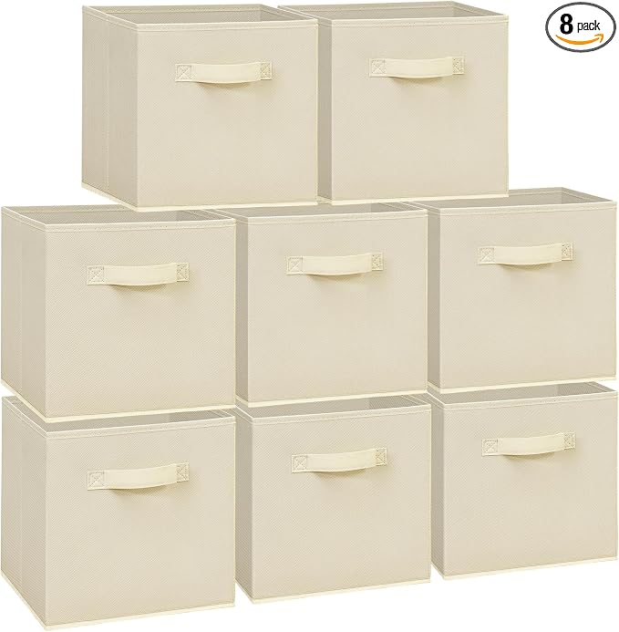 11 Inch Fabric Storage Cubes, Sturdy Foldable Storage Bins, Heavy Duty Cube Organizer for Clothes, Blankets, Shelves, Closets, Bedroom, Living Room, Beige, 8 Pack