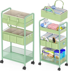 2in1 Baby Diaper Caddy Organizer Cart, 3-Tier Rolling Cart, Metal Diaper Caddy Carts, Bedside Carts for Nursery Essentials Storage, Detachable Dividers, Large Capacity, Green