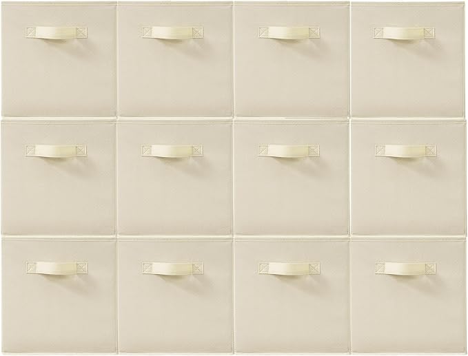 11 Inch Fabric Storage Cubes, Sturdy Foldable Storage Bins, Heavy Duty Cube Organizer for Clothes, Blankets, Shelves, Closets, Bedroom, Living Room, Beige, 12 Pack