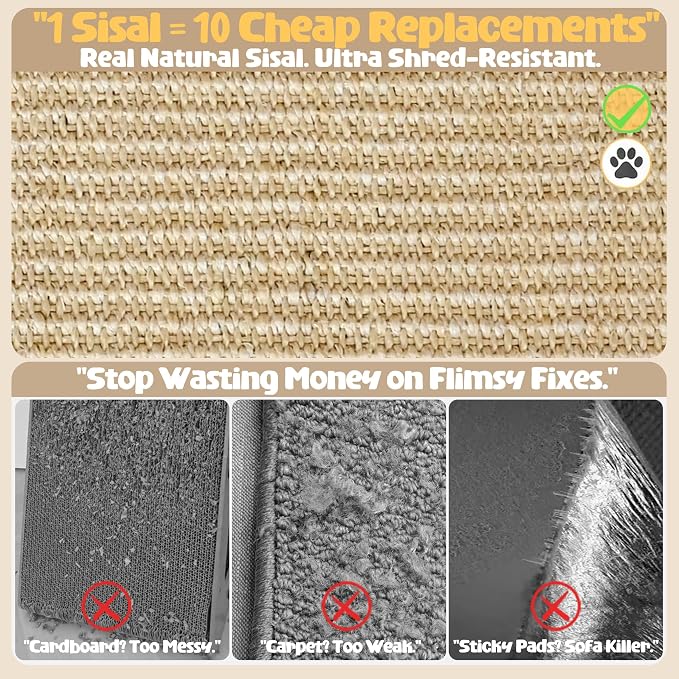 2-in-1 Cat Scratch Couch Side Table with Wheels,Couch Protector from Cat Claws,Sofa Narrow End Table with Natural Sisal Cat Scratch Panel for Living Room (Rustic Brown, Right)