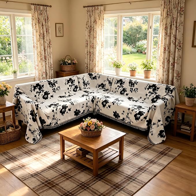 1OO% Waterproof Sectional Couch Covers for Dogs L Shaped Corner Sofa Cover Washable Chenille Sofa Slipcovers Blanket Modern Jacquard Pet Furniture Protector (91"x276", Black Flower)