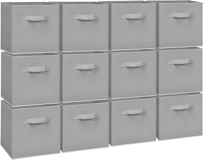 11 Inch Fabric Storage Cubes, Sturdy Foldable Storage Bins, Heavy Duty Cube Organizer for Clothes, Blankets, Shelves, Closets, Bedroom, Living Room, Gray, 12 Pack