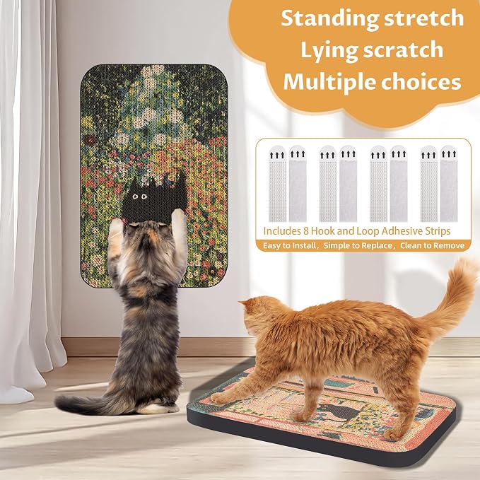 2 Pack Cat Wall Scratcher, Art Cat Scratching Board for Cats | Wall Mounted Cat Scratch Pad, Water-Based Ink, Hook&Loop Strips, Floor or Wall Use, 16.7x11x1 Inch, Window & Garden