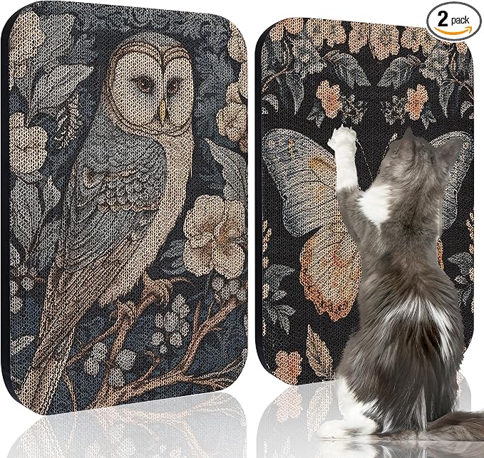 2 Pack Cat Wall Scratcher, Art Cat Scratching Board for Cats | Wall Mounted Cat Scratch Pad, Water-Based Ink, Hook&Loop Strips, Floor or Wall Use, 16.7x11x1 Inch, Owl & Butterfly