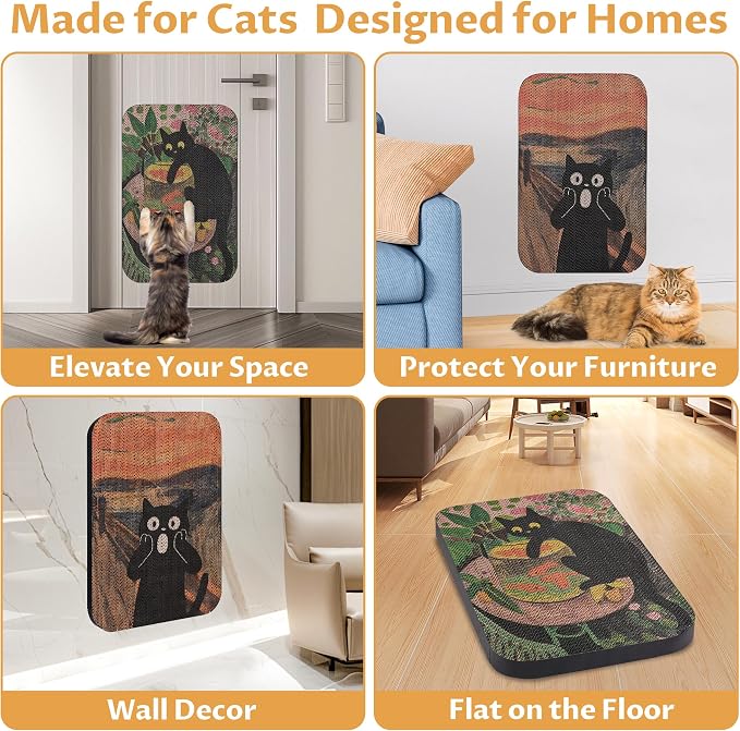 2 Pack Cat Wall Scratcher, Art Cat Scratching Board for Cats | Wall Mounted Cat Scratch Pad, Water-Based Ink, Hook&Loop Strips, Floor or Wall Use, 16.7x11x1 Inch, Goldfish & Scream