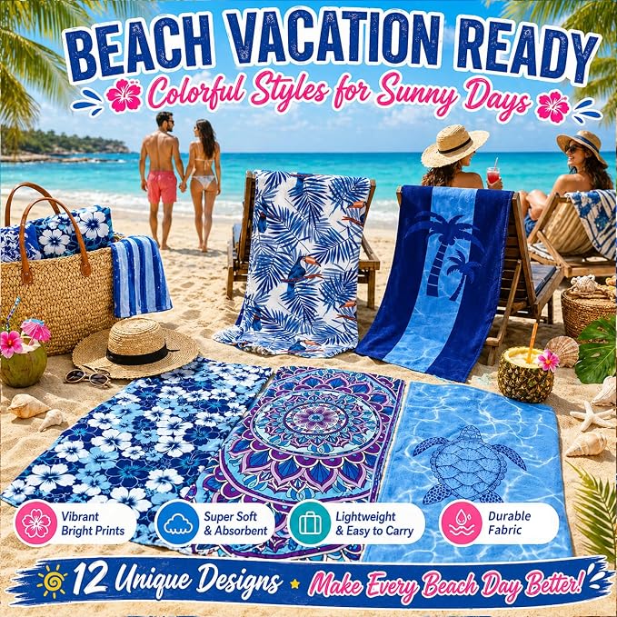 12 Pack Microfiber Beach Towel Set, 32x71 Oversized Extra Large Swim Pool Towel, Soft Fiber Beach Towels Set for Summer Travel, Spa, Swim Pool Accessories, Vacation Essential Gift (Blue and Floral Pac