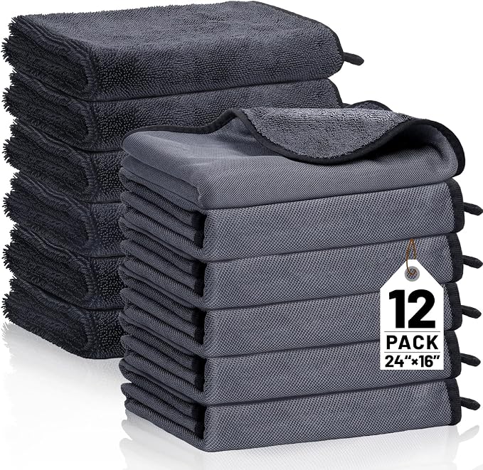 12 Pack Microfiber Car Towels, 24" x 16" Microfiber Cleaning Cloths 600 GSM | Thick Soft, Highly Absorbent, Quick Drying, Scratch-Free Detailing, Buffing, Polishing, Waxing for Cars Truck SUV RV Boat