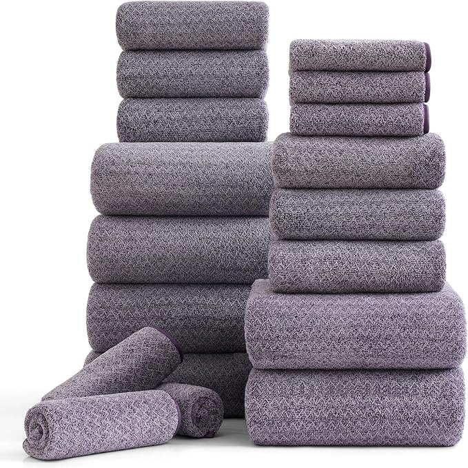 18 Piece Bath Towels Set,100% Microfiber Family Bathroom Towel with Hanging Loops-6 Bath Towels,6 Hand Towels,6 Washcloths,Quick Dry Highly Absorbent Shower Towel for Bathroom,Hotel,Spa-Dark Purple