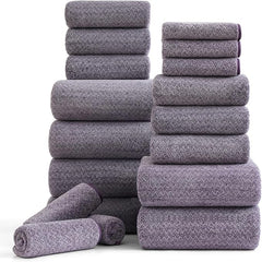 18 Piece Bath Towels Set,100% Microfiber Family Bathroom Towel with Hanging Loops-6 Bath Towels,6 Hand Towels,6 Washcloths,Quick Dry Highly Absorbent Shower Towel for Bathroom,Hotel,Spa-Dark Purple