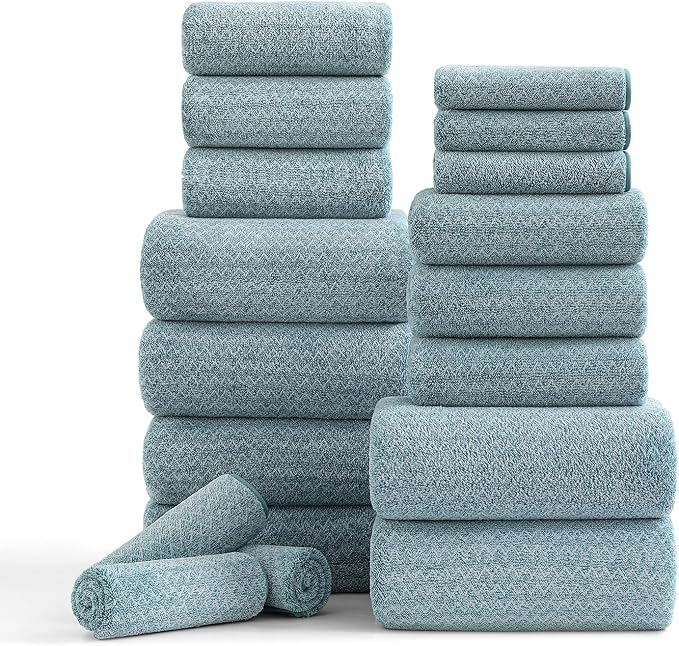 18 Piece Bath Towels Set,100% Microfiber Family Bathroom Towel with Hanging Loops-6 Bath Towels,6 Hand Towels,6 Washcloths,Quick Dry Highly Absorbent Shower Towel for Bathroom,Hotel,Spa-Turquoise