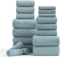 18 Piece Bath Towels Set,100% Microfiber Family Bathroom Towel with Hanging Loops-6 Bath Towels,6 Hand Towels,6 Washcloths,Quick Dry Highly Absorbent Shower Towel for Bathroom,Hotel,Spa-Turquoise