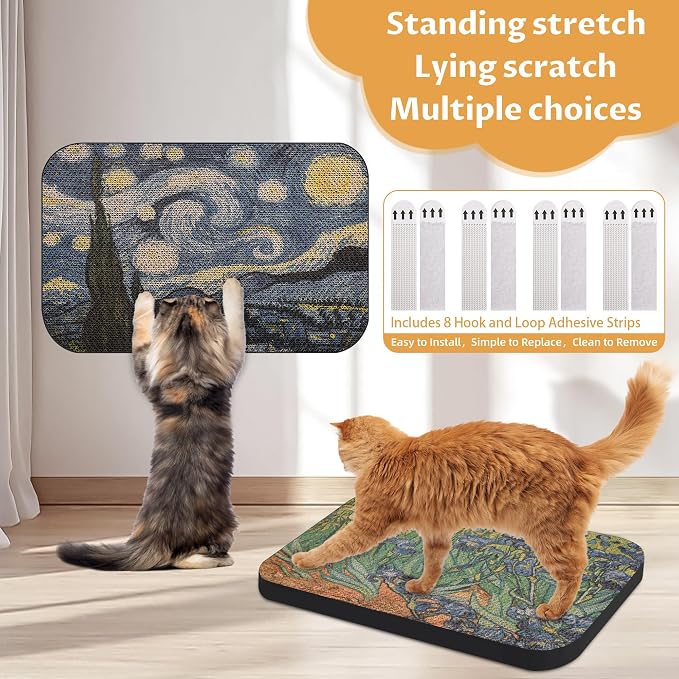 2 Pack Cat Wall Scratcher, Art Cat Scratching Board for Cats | Wall Mounted Cat Scratch Pad, Water-Based Ink, Hook&Loop Strips, Floor or Wall Use, 16.7x11x1 Inch, Series 1